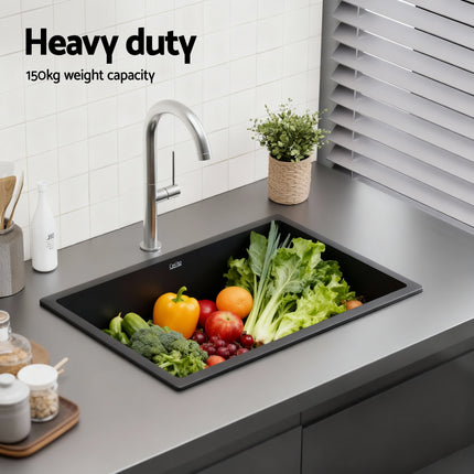 Cefito Kitchen Sink 70x45cm Granite Stone Sink Single Bowl Black 5