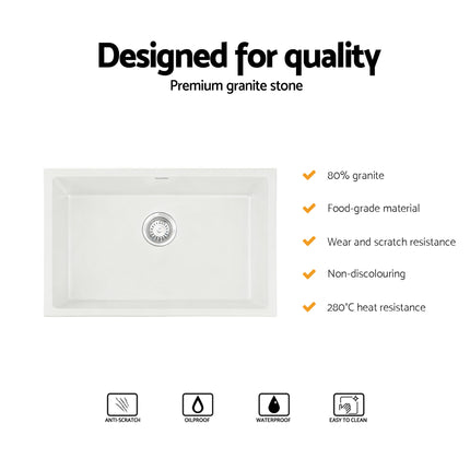 Cefito Kitchen Sink 70x45cm Granite Stone Sink Single Bowl White 4