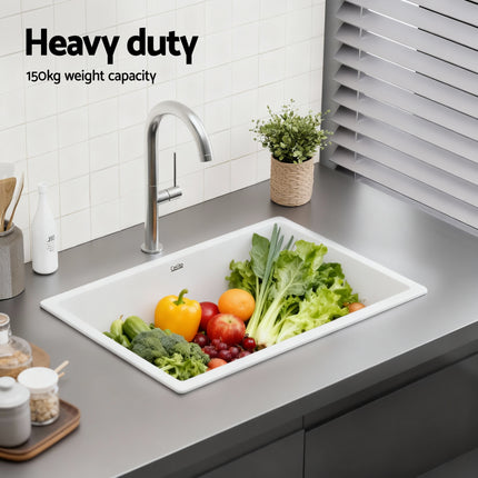 Cefito Kitchen Sink 70x45cm Granite Stone Sink Single Bowl White 5