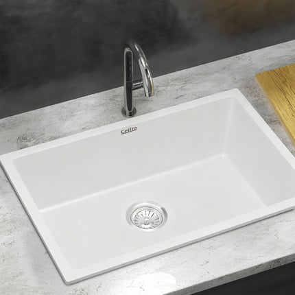 Cefito Kitchen Sink 70x45cm Granite Stone Sink Single Bowl White 7