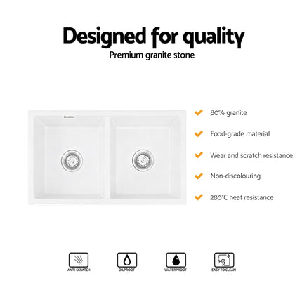 Cefito Kitchen Sink 77x45cm Granite Stone Sink Double Bowl White 4
