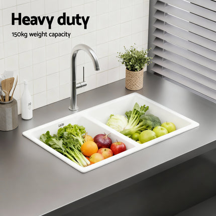 Cefito Kitchen Sink 77x45cm Granite Stone Sink Double Bowl White 5