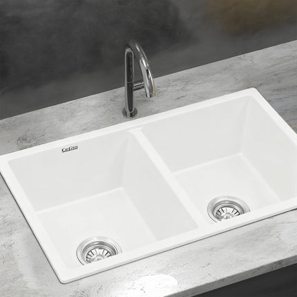 Cefito Kitchen Sink 77x45cm Granite Stone Sink Double Bowl White 7