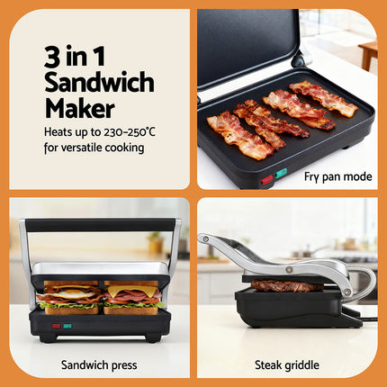 Devanti 3 in 1 Sandwich Maker Steak Press Grill 1000W 5