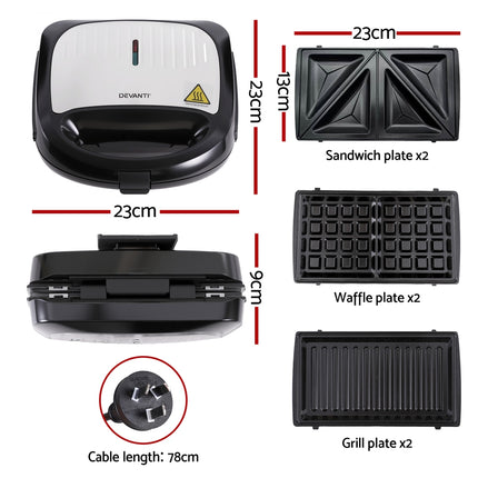 Devanti 3-in-1 Sandwich Press Waffle Maker Panini Press Grill 850W 2