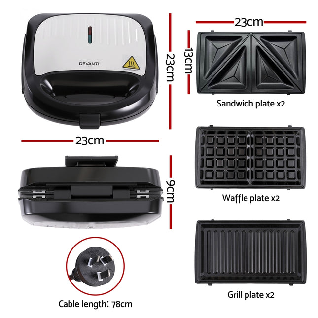 Devanti 3-in-1 Sandwich Press Waffle Maker Panini Press Grill 850W 2