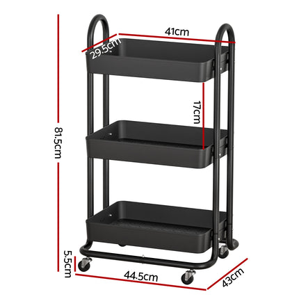 Artiss Storage Trolley Kitchen Cart 3 Tiers Rack Shelf Organiser Wheels Black 2
