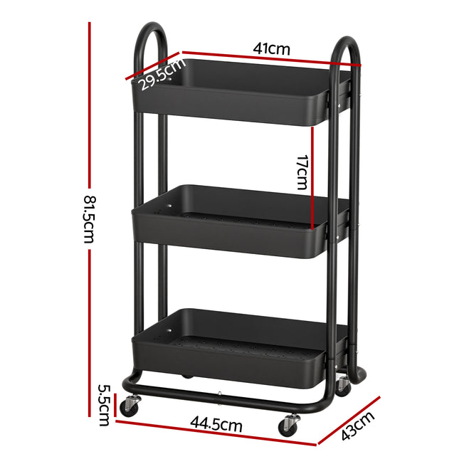 Artiss Storage Trolley Kitchen Cart 3 Tiers Rack Shelf Organiser Wheels Black 2