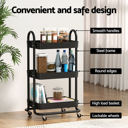 Artiss Storage Trolley Kitchen Cart 3 Tiers Rack Shelf Organiser Wheels Black 6