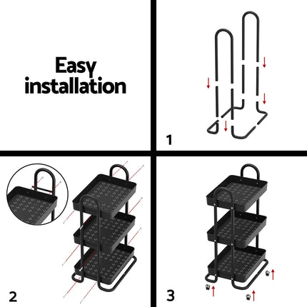 Artiss Storage Trolley Kitchen Cart 3 Tiers Rack Shelf Organiser Wheels Black 7
