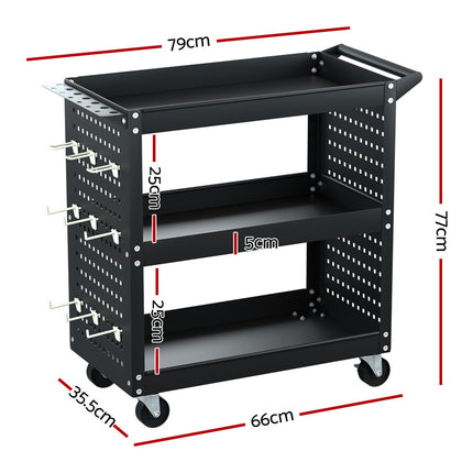 Giantz 3-Tier Tool Cart Storage Trolley Workshop Garage Pegboard Hooks Black 2