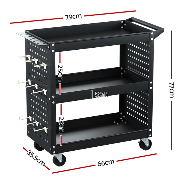 Giantz 3-Tier Tool Cart Storage Trolley Workshop Garage Pegboard Hooks Black 2