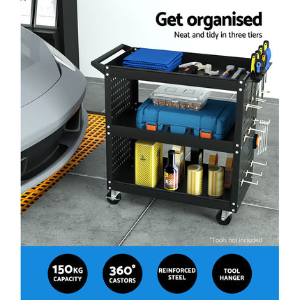 Giantz 3-Tier Tool Cart Storage Trolley Workshop Garage Pegboard Hooks Black 4