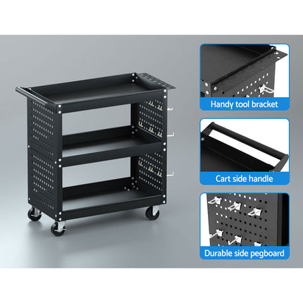Giantz 3-Tier Tool Cart Storage Trolley Workshop Garage Pegboard Hooks Black 6