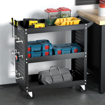 Giantz 3-Tier Tool Cart Storage Trolley Workshop Garage Pegboard Hooks Black 7