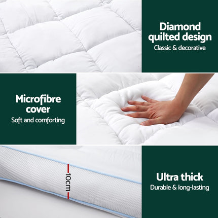Giselle Bedding 1500GSM Bamboo Pillowtop Mattress Topper 10cm Thick Pad for Back Pain Relief, High Loft Cooling Underlay for Dorm & Guest Bed, 45cm Deep Pocket Queen 6
