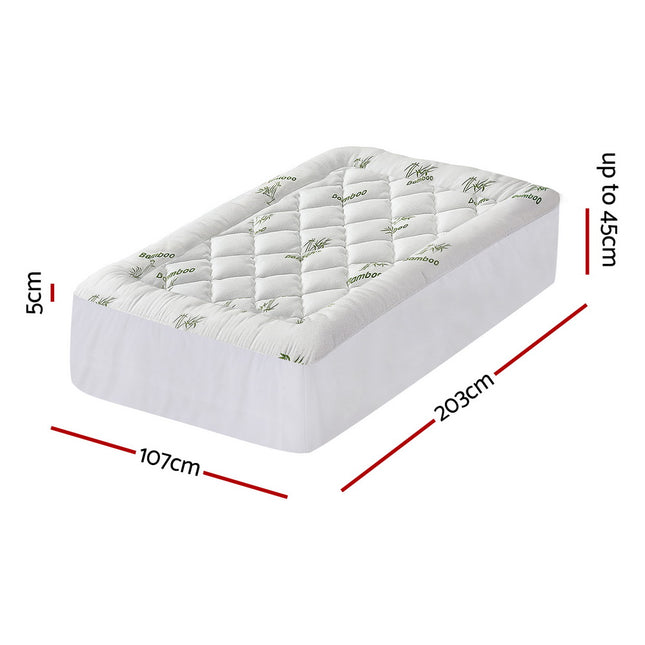 Giselle Bedding 5cm Pillowtop Mattress Topper 1000GSM Thick Soft Bamboo Cooling Pad for Back Pain Relief & Guest Bed, Washable Overfilled Cover with 45cm Deep Pocket King Single 2