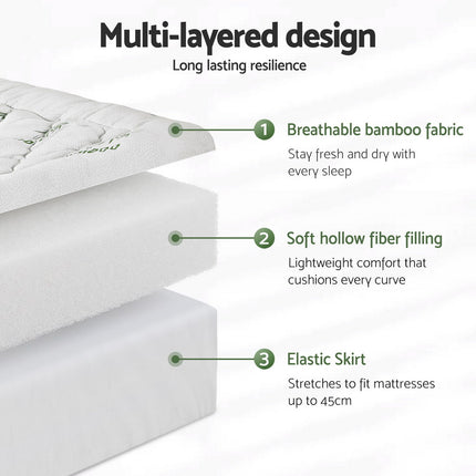 Giselle Bedding 5cm Pillowtop Mattress Topper 1000GSM Thick Soft Bamboo Cooling Pad for Back Pain Relief & Guest Bed, Washable Overfilled Cover with 45cm Deep Pocket Single 5