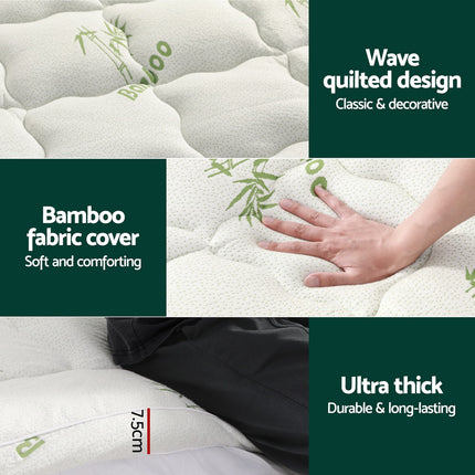 Giselle Bedding Pillowtop Mattress Topper 7.5cm Thick Bamboo Pad for Back Pain Relief Washable Skin-friendly Bed Protector with 45cm Deep Pocket Queen 7