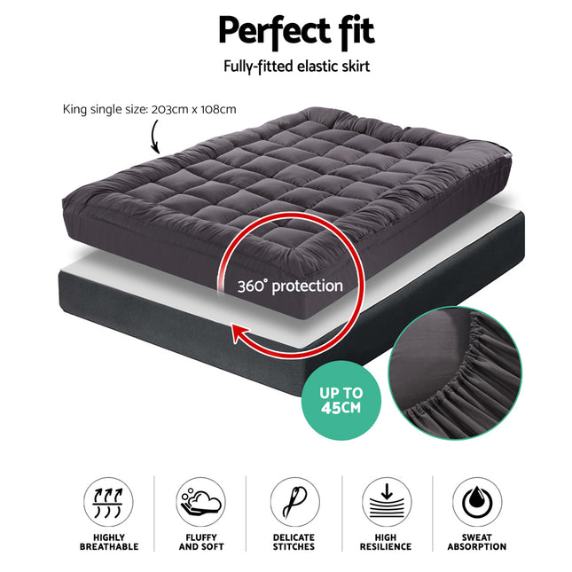 Giselle Bedding Bamboo Charcoal Filling Pillowtop Topper 1000GSM 5cm Thick Pillowtop Pad for Back Pain Relief Washable with 45cm Deep Pocket King Single 2