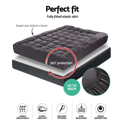 Giselle Bedding Bamboo Charcoal Filling Pillowtop Topper 1000GSM 5cm Thick Pillowtop Pad for Back Pain Relief Washable with 45cm Deep Pocket Queen 2