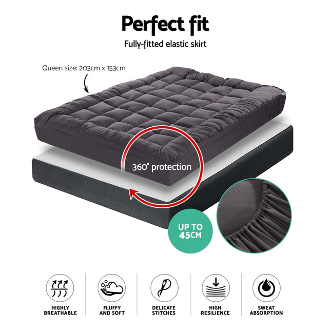 Giselle Bedding Bamboo Charcoal Filling Pillowtop Topper 1000GSM 5cm Thick Pillowtop Pad for Back Pain Relief Washable with 45cm Deep Pocket Queen 2