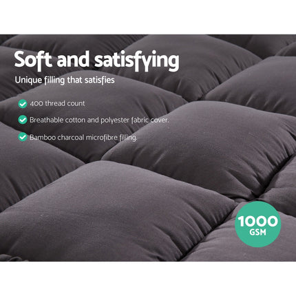 Giselle Bedding Bamboo Charcoal Filling Pillowtop Topper 1000GSM 5cm Thick Pillowtop Pad for Back Pain Relief Washable with 45cm Deep Pocket Queen 5