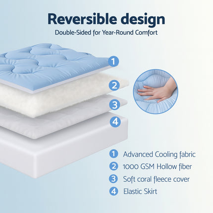 Giselle Bedding Pillowtop Mattress Topper 5cm Reversible Cooling & Soft Coral Fleece Pad for Back Pain Relief, Washable Skin-friendly Bed Protector with 45cm Deep Pocket Single 5