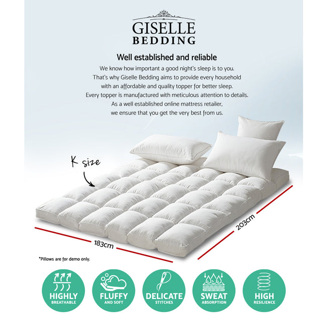 Giselle Bedding Pillowtop Mattress Topper 5cm Thick Pad for Back Pain Relief Washable Underlay Protector 1000GSM Microfibre Filling 45cm Deep Pocket King 2