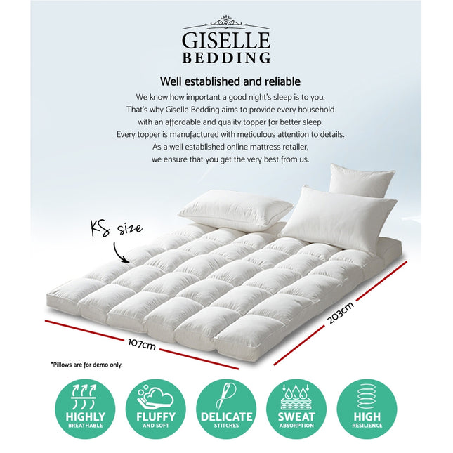 Giselle Bedding Pillowtop Mattress Topper 5cm Thick Pad for Back Pain Relief Washable Underlay Protector 1000GSM Microfibre Filling 45cm Deep Pocket King Single 2