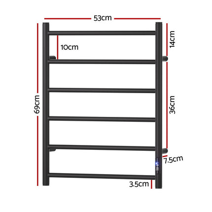 Devanti Heated Towel Rail 6 Round Bars  with Timer Electric Heater Warmer Rack