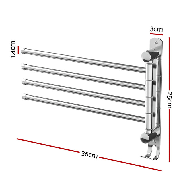 Towel Rail Rack Holder 4 Bars Wall Mounted Stainless Steel Swivel Hanging Hook 2