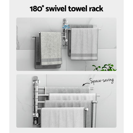 Towel Rail Rack Holder 4 Bars Wall Mounted Stainless Steel Swivel Hanging Hook 5