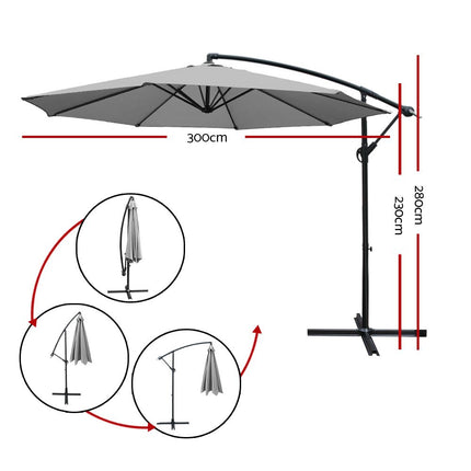Instahut 3m Outdoor Umbrella Cantilever Beach Garden Patio Grey 3