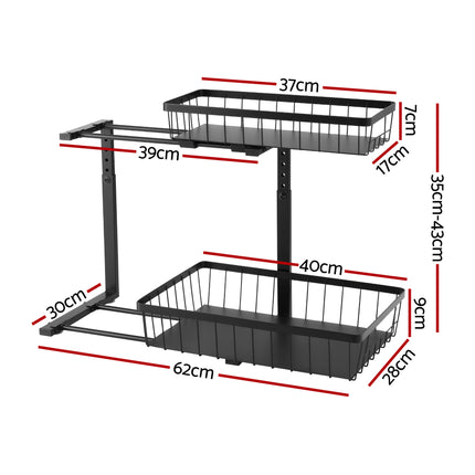Artiss Under Sink Organizer Storage with 2 Slide Out Drawers 5 Adjustable Height Bathroom Kitchen Cabinet Black 2