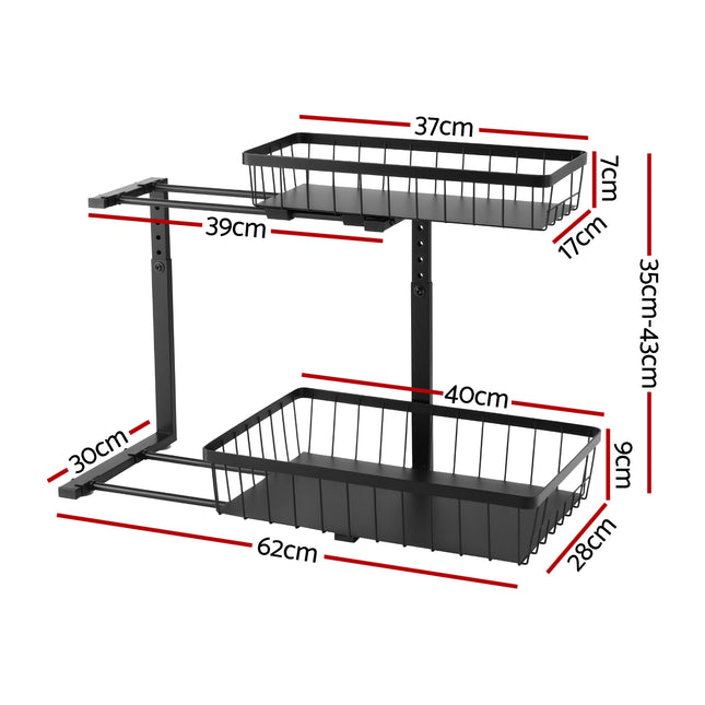 Artiss Under Sink Organizer Storage with 2 Slide Out Drawers 5 Adjustable Height Bathroom Kitchen Cabinet Black 2