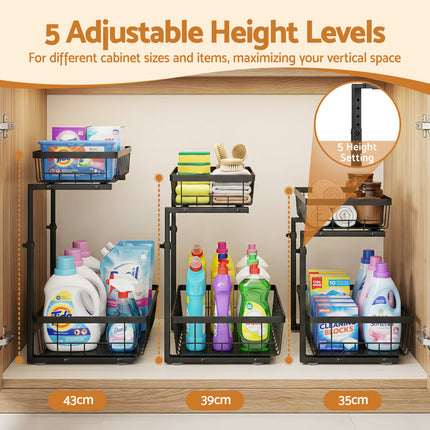Artiss Under Sink Organizer Storage with 2 Slide Out Drawers 5 Adjustable Height Bathroom Kitchen Cabinet Black 5