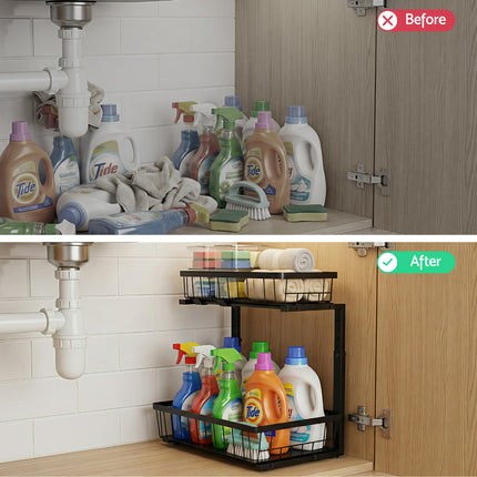 Artiss Under Sink Organizer Storage with 2 Slide Out Drawers 5 Adjustable Height Bathroom Kitchen Cabinet Black 6