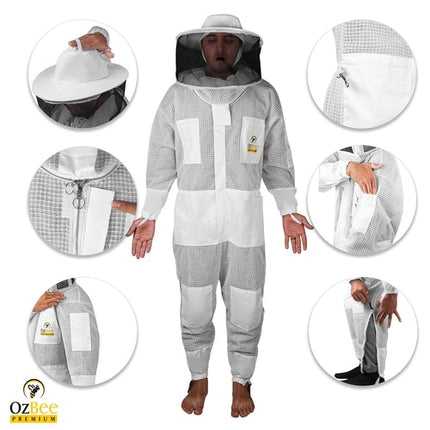 OZBee Premium Full Suit 3 Layer Mesh Ultra Cool Ventilated Round Head Beekeeping Protective Gear Size  2XL 2