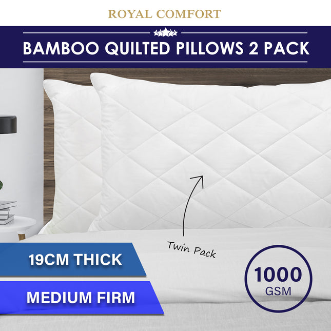 Royal Comfort Luxury Bamboo Blend Quilted Pillow Twin Pack Extra Fill Support 2