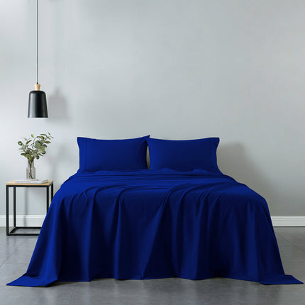 Royal Comfort Vintage Washed 100% Cotton Sheet Set Fitted Flat Sheet Pillowcases - Single - Royal Blue 2