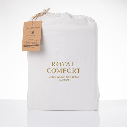 Royal Comfort Vintage Washed 100% Cotton Sheet Set Fitted Flat Sheet Pillowcases - King - White 5