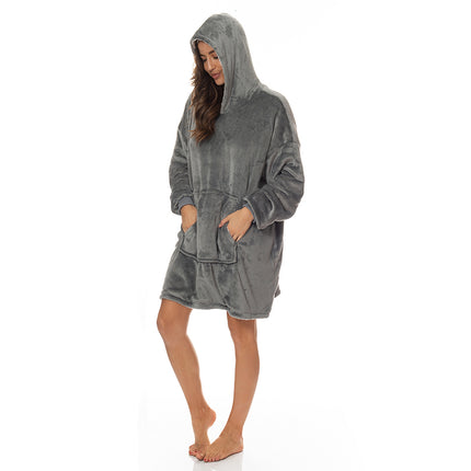 Royal Comfort Snug Hoodie Nightwear Super Soft Reversible Coral Fleece 750GSM - Grey 2