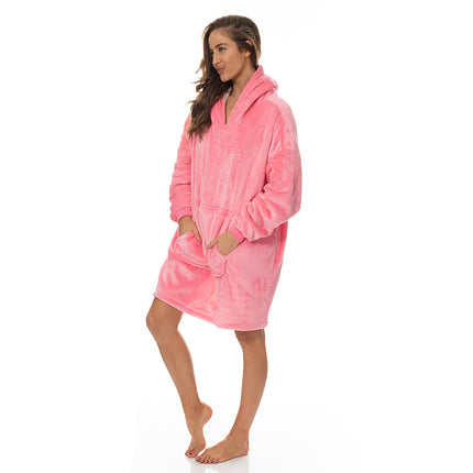 Royal Comfort Snug Hoodie Nightwear Super Soft Reversible Coral Fleece 750GSM - Pink 2