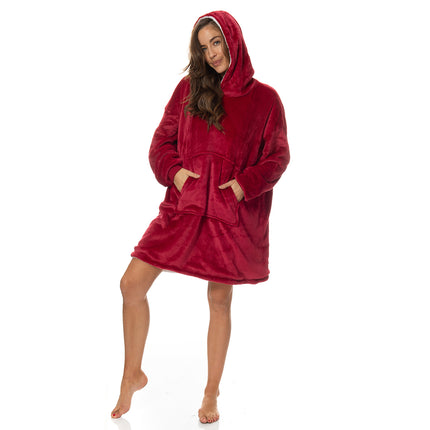 Royal Comfort Snug Hoodie Nightwear Super Soft Reversible Coral Fleece 750GSM - Red 2