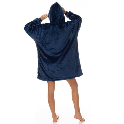 Royal Comfort Snug Hoodie Nightwear Super Soft Reversible Coral Fleece 750GSM - Navy 2