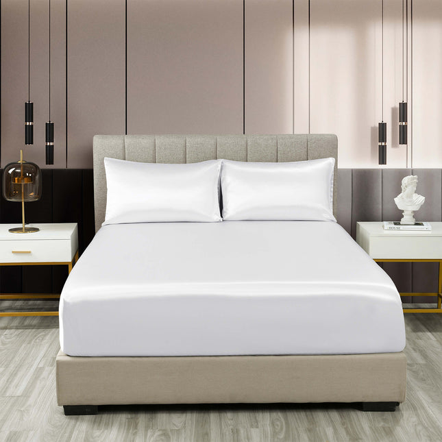 Royal Comfort Satin Sheet Set 3 Piece Fitted Sheet Pillowcase Soft  - King - White 2