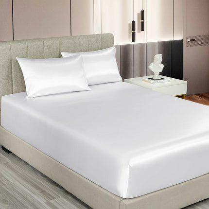 Royal Comfort Satin Sheet Set 3 Piece Fitted Sheet Pillowcase Soft  - King - White 3