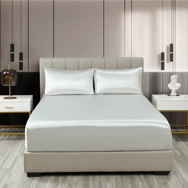Royal Comfort Satin Sheet Set 3 Piece Fitted Sheet Pillowcase Soft  - King - Silver 2