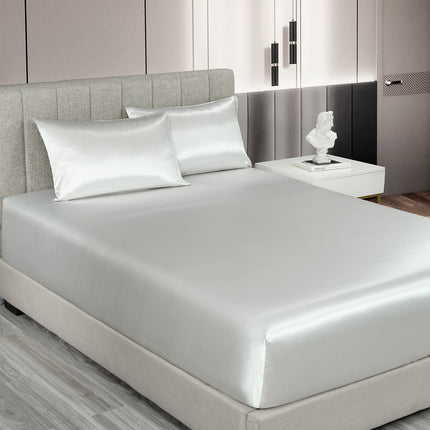 Royal Comfort Satin Sheet Set 3 Piece Fitted Sheet Pillowcase Soft  - King - Silver 3